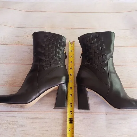 Bellofatto Leather Woven Detail Almond Toe Heeled Boots Booties Black Size 38